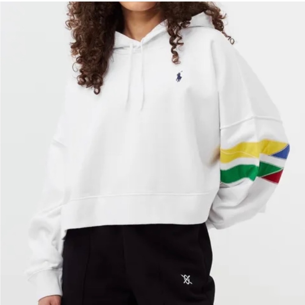 Polo by Ralph Lauren Cropped White Hoodie with Multicolor Stripes